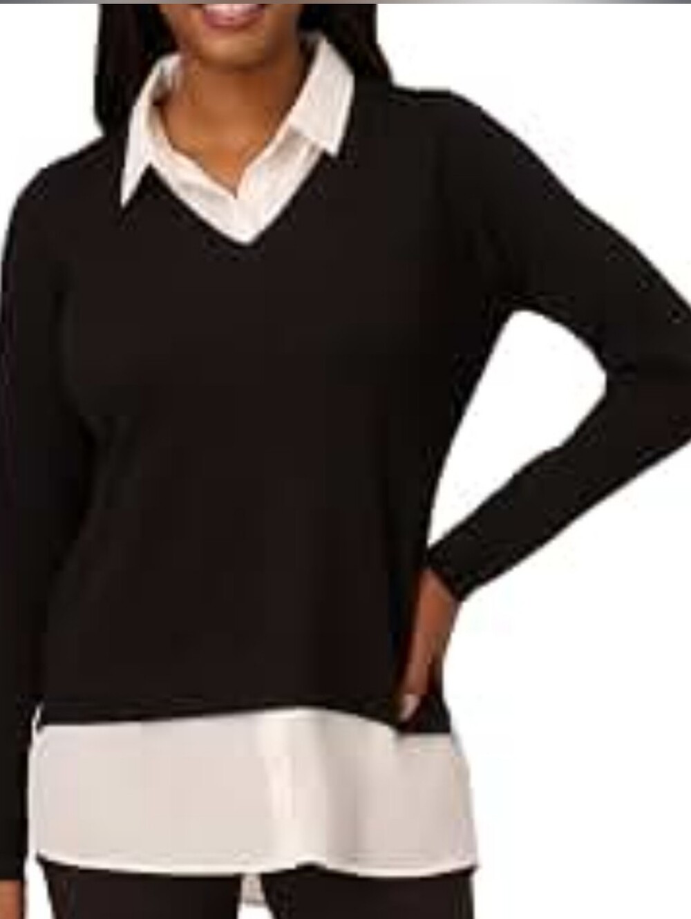 Faded Glory Black V-Neck Sweater with Faux Layered Hem